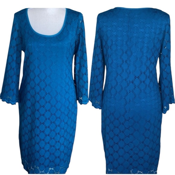 Ronni Nicole Teal Blue Lace Dress Coquette Eyelet Crochet Scoop Neck Midi Sheath - Picture 12 of 13